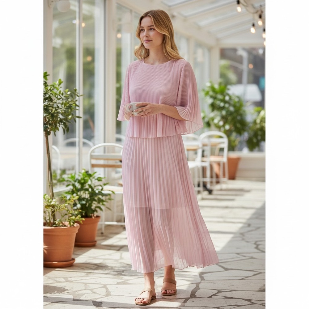 298. Light Pink Pleated Maxi Dress Double Layer Flutter Sleeve 1XL Wedding Guest - Picture 2 of 5